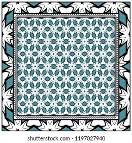 Template Print for Fabric. Pattern of floral geometric ornament with Border. illustration. Seamless. For Print Bandana, Shawl, Carpet.