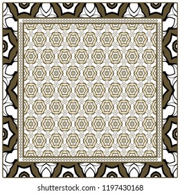 Template Print for Fabric. Pattern of floral geometric ornament with Border. illustration. Seamless. For Print Bandana, Shawl, Carpet.