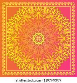 Template Print for Fabric. Pattern of floral geometric ornament with Border. illustration. Seamless. For Print Bandana, Shawl, Carpet.