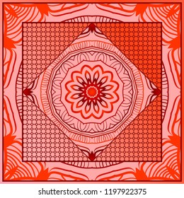 Template Print for Fabric. Pattern of floral geometric ornament with Border. illustration. Seamless. For Print Bandana, Shawl, Carpet.