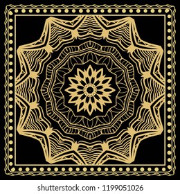 Template Print for Fabric. Pattern of floral geometric ornament with Border. illustration. Seamless. For Print Bandana, Shawl, Carpet.