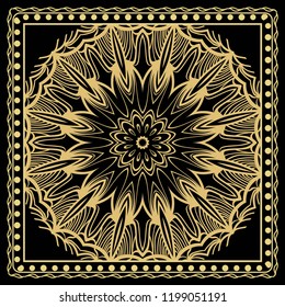 Template Print for Fabric. Pattern of floral geometric ornament with Border. illustration. Seamless. For Print Bandana, Shawl, Carpet.