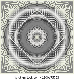 Template Print for Fabric. Pattern of floral geometric ornament with Border. illustration. Seamless. For Print Bandana, Shawl, Carpet.