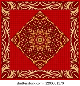 Template Print for Fabric. Pattern of floral geometric ornament with Border. illustration. Seamless. For Print Bandana, Shawl, Carpet.