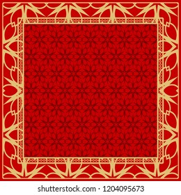 Template Print for Fabric. Pattern of floral geometric ornament with Border. illustration. Seamless. For Print Bandana, Shawl, Carpet.