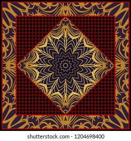 Template Print for Fabric. Pattern of floral geometric ornament with Border. illustration. Seamless. For Print Bandana, Shawl, Carpet.