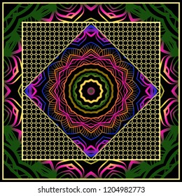 Template Print for Fabric. Pattern of floral geometric ornament with Border. illustration. Seamless. For Print Bandana, Shawl, Carpet.