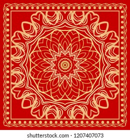 Template Print for Fabric. Pattern of floral geometric ornament with Border. illustration. Seamless. For Print Bandana, Shawl, Carpet.