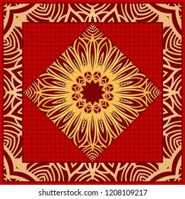 Template Print for Fabric. Pattern of floral geometric ornament with Border. illustration. Seamless. For Print Bandana, Shawl, Carpet.