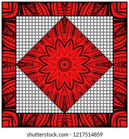Template Print for Fabric. Pattern of floral geometric ornament with Border. illustration. Seamless. For Print Bandana, Shawl, Carpet.