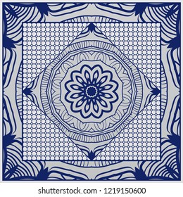 Template Print for Fabric. Pattern of floral geometric ornament with Border. illustration. Seamless. For Print Bandana, Shawl, Carpet.