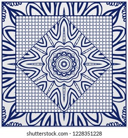 Template Print for Fabric. Pattern of floral geometric ornament with Border. illustration. Seamless. For Print Bandana, Shawl, Carpet.