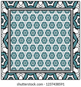 Template Print for Fabric. Pattern of floral geometric ornament with Border. illustration. Seamless. For Print Bandana, Shawl, Carpet.
