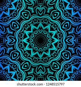 Template Print For Fabric. Pattern Of Floral Mandala Ornament With Border. Illustration. Seamless. For Print Bandana, Shawl, Carpet.