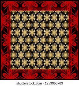 Template Print for Fabric. Pattern of floral geometric ornament with Border. illustration. Seamless. For Print Bandana, Shawl, Carpet.