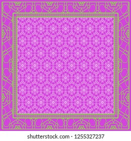 Template Print for Fabric. Pattern of floral geometric ornament with Border. illustration. Seamless. For Print Bandana, Shawl, Carpet