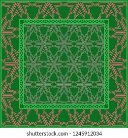 Template Print for Fabric. Pattern of Geometric ornament with Border. illustration. . For Print Bandana, Shawl, Carpet. green and orange color.