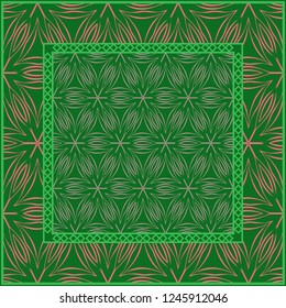 Template Print for Fabric. Pattern of Geometric ornament with Border. illustration. . For Print Bandana, Shawl, Carpet. green and orange color.