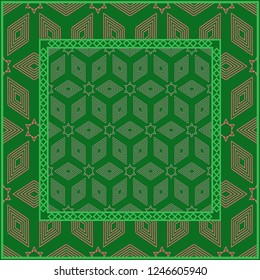 Template Print for Fabric. Pattern of Geometric ornament with Border. illustration. . For Print Bandana, Shawl, Carpet. green and orange color.