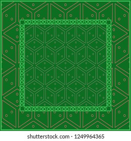 Template Print for Fabric. Pattern of Geometric ornament with Border. illustration. . For Print Bandana, Shawl, Carpet. green and orange color.