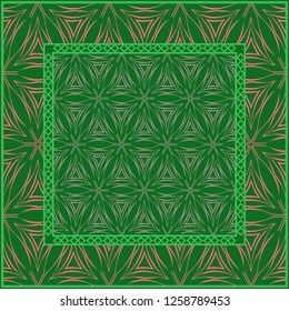 Template Print for Fabric. Pattern of Geometric ornament with Border. illustration. . For Print Bandana, Shawl, Carpet. green and orange color.