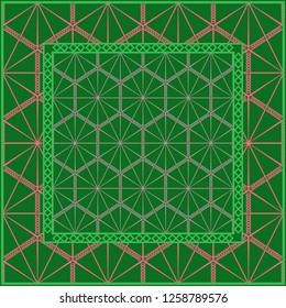 Template Print for Fabric. Pattern of Geometric ornament with Border. illustration. . For Print Bandana, Shawl, Carpet. green and orange color.