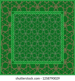 Template Print for Fabric. Pattern of Geometric ornament with Border. illustration. . For Print Bandana, Shawl, Carpet. green and orange color.