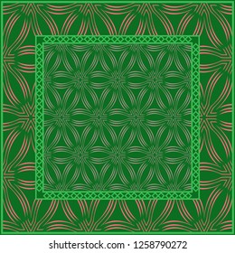 Template Print for Fabric. Pattern of Geometric ornament with Border. illustration. . For Print Bandana, Shawl, Carpet. green and orange color.