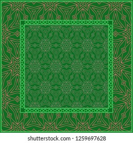 Template Print for Fabric. Pattern of Geometric ornament with Border. illustration. . For Print Bandana, Shawl, Carpet. green and orange color.