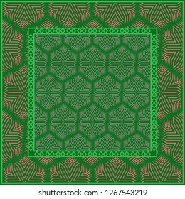 Template Print for Fabric. Pattern of Geometric ornament with Border. illustration. . For Print Bandana, Shawl, Carpet. green and orange color.