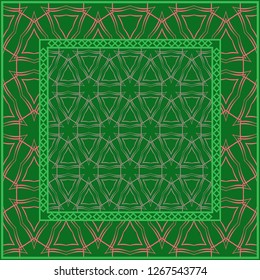 Template Print for Fabric. Pattern of Geometric ornament with Border. illustration. . For Print Bandana, Shawl, Carpet. green and orange color.