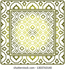 Template Print For Fabric. Pattern Of Geometric Ornament With Border. Illustration. Seamless. For Print Bandana, Shawl, Carpet. Olive gradient color.