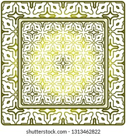 Template Print For Fabric. Pattern Of Geometric Ornament With Border. Illustration. Seamless. For Print Bandana, Shawl, Carpet. Olive gradient color.