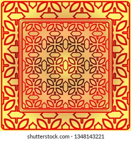 Template Print For Fabric. Pattern Of Geometric Ornament With Border. Illustration. Seamless. For Print Bandana, Shawl, Carpet.