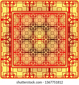 Template Print For Fabric. Pattern Of Geometric Ornament With Border. Illustration. Seamless. For Print Bandana, Shawl, Carpet.