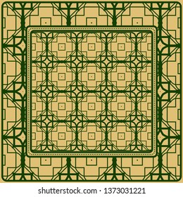 Template Print For Fabric. Pattern Of Geometric Ornament With Border. Illustration. Seamless. For Print Bandana, Shawl, Carpet.