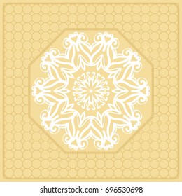 Template Print for Fabric. Pattern of Mandala with Border. Vector illustration. Golden color. For Print Bandana, Nashnoy Shawl, Carpet