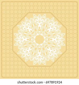 Template Print for Fabric. Pattern of Mandala with Border. Vector illustration. Golden color. For Print Bandana, Nashnoy Shawl, Carpet
