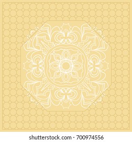 Template Print for Fabric. Pattern of Mandala with Border. Vector illustration. Golden color. For Print Bandana, Nashnoy Shawl, Carpet
