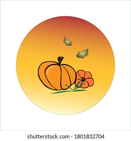 Template print with pumpkins and leaves on orange gradient background. Hello Autumn Vector design in flat style. Illustration for thanksgiving holiday, harvest and halloween. 
