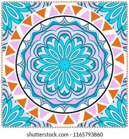 Template print for Sofa Square Pillow. Floral Geometric Pattern with hand-drawing Mandala. illustration. For fabric, textile, bandana, scarg, carpet print.