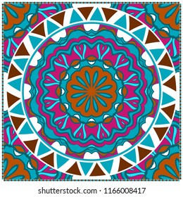 Template print for Sofa Square Pillow. Floral Geometric Pattern with hand-drawing Mandala. illustration. For fabric, textile, bandana, scarg, carpet print.
