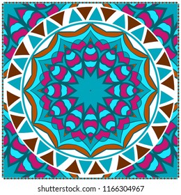 Template print for Sofa Square Pillow. Floral Geometric Pattern with hand-drawing Mandala. illustration. For fabric, textile, bandana, scarg, carpet print.