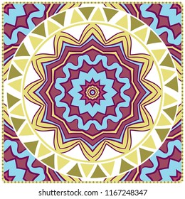 Template print for Sofa Square Pillow. Floral Geometric Pattern with hand-drawing Mandala. illustration. For fabric, textile, bandana, scarg, carpet print.