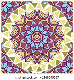 Template print for Sofa Square Pillow. Floral Geometric Pattern with hand-drawing Mandala. illustration. For fabric, textile, bandana, scarg, carpet print.