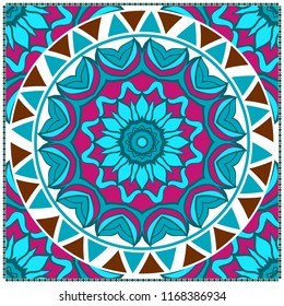 Template print for Sofa Square Pillow. Floral Geometric Pattern with hand-drawing Mandala. illustration. For fabric, textile, bandana, scarg, carpet print.