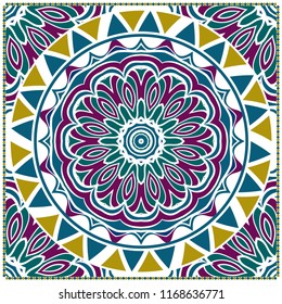 Template print for Sofa Square Pillow. Floral Geometric Pattern with hand-drawing Mandala. illustration. For fabric, textile, bandana, scarg, carpet print.