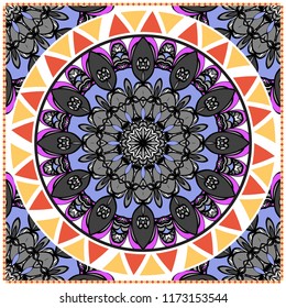 Template print for Sofa Square Pillow. Floral Geometric Pattern with hand-drawing Mandala. illustration. For fabric, textile, bandana, scarg, carpet print.