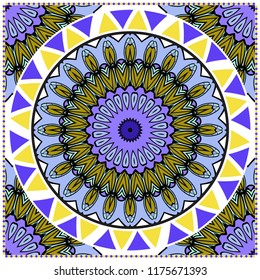 Template print for Sofa Square Pillow. Floral Geometric Pattern with hand-drawing Mandala. illustration. For fabric, textile, bandana, scarg, carpet print.