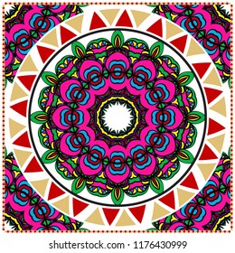 Template print for Sofa Square Pillow. Floral Geometric Pattern with hand-drawing Mandala. illustration. For fabric, textile, bandana, scarg, carpet print.
